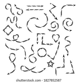 Set of black arrows on a white background, whorled brush, vector illustration, clipart, design