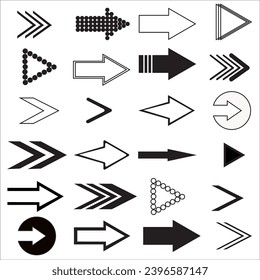 Conjunto de flechas negras sobre un fondo blanco. Conjunto de flechas vectoriales. Modernas flechas ordinarias.Ilustración vectorial.