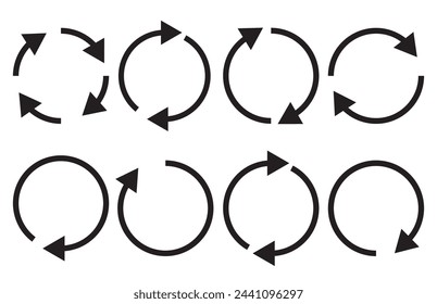 Set black arrows rotation circle.Vector circle arrows for infographic Recycling flat vector icon. Arrows flat vector icon.4 arrow pictogram refresh reload rotation loop sign set. icon set, round arrow