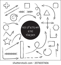 set of black arrows and shapes in grunge style, doodle. vector set. Circle, cross, square, triangle, polygon, dotted line.