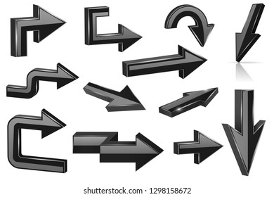 Set of black arrows. Shiny 3d web icons. Vector illustration isolated on white background