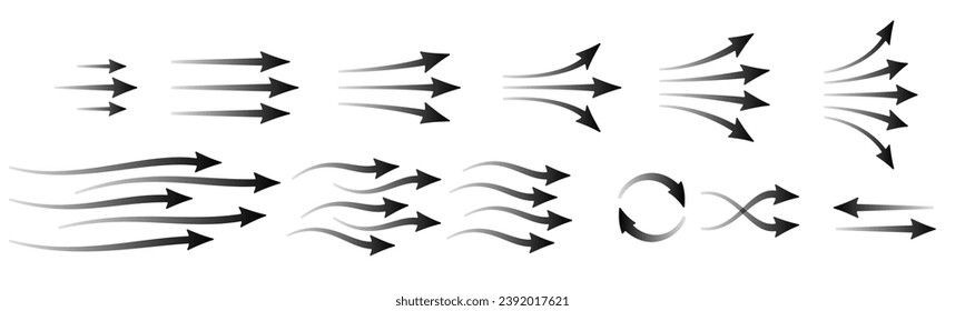 Satz schwarzer Pfeile, die die Luftrichtung anzeigen. Einzeln auf transparentem Hintergrund