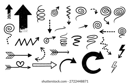 Un conjunto de flechas negras y remolinos en diferentes Formas y tamaños sobre un fondo blanco liso para el diseño y el uso decorativo