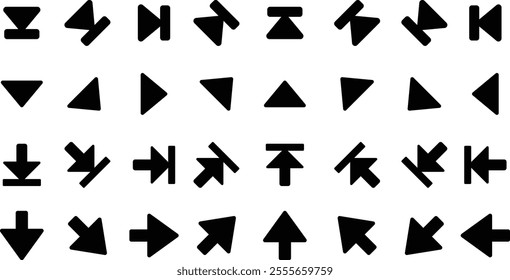 Set of black arrows and symbols. Circle arrows, rotate arrow, rotating loading symbol. Circular rotating load elements, return operation. Vector illustration.