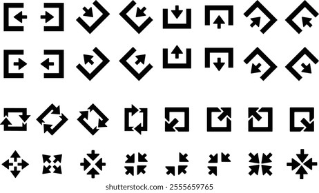 Set of black arrows and symbols. Circle arrows, rotate arrow, rotating loading symbol. Circular rotating load elements, return operation. Vector illustration.