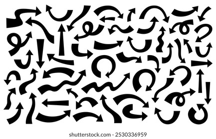 Set of black arrows with tapered tip and wide base of different shapes and sizes with clear, neat, even edges in doodle style. Vector illustration on white isolated background.