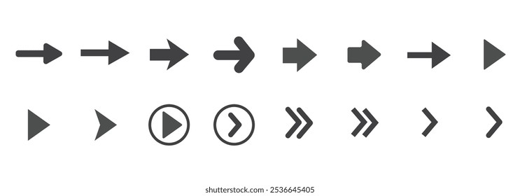 Set of black arrows for ux and ui design. Cursor, arrow icon set, pack. Vector illustration. Arrows icon, black colour icons . Different shapes icons. Modern, abstract , trending arrows