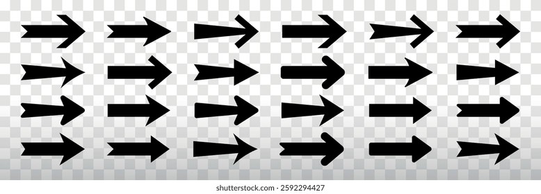 Set of black arrows. Various arrow styles pointing right. Black arrows for design. Arrows for navigation. Simple black arrow icons. Element vector set.