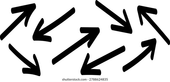 A set of black arrows in various directions, presented as a flat icon with a transparent background for versatile design applications.