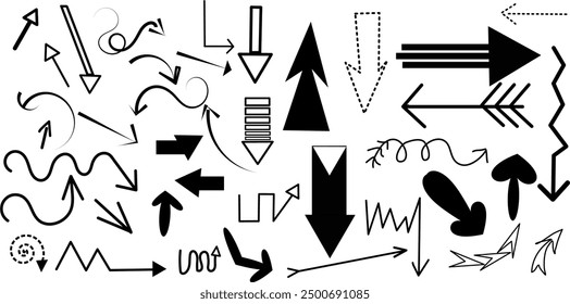 Set of black arrows of various shapes: straight, curved, angular, and spiral. Each type has a different shape and direction, and can be used to indicate different kind of movement or direction