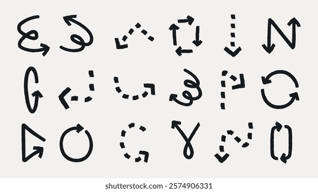 Set of black arrows in various styles. Arrows pointing in different directions. Dotted, curved, and straight arrows. Arrows for navigation and design. Element vector set.