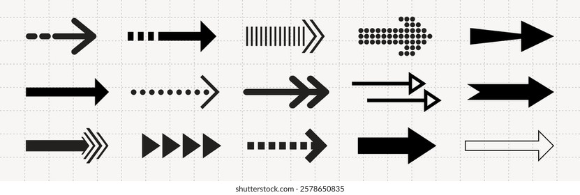 Set of black arrows in various styles. Arrows pointing right. Different arrow designs, including dotted and solid arrows. Arrows for direction and navigation. Element vector set.