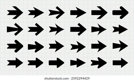 Set of black arrows in various styles on a grid background. Arrows pointing in different directions. Bold arrow designs for navigation or direction themes. Element vector set.