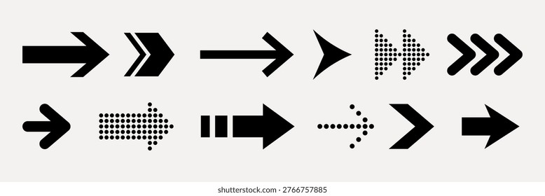 Set of black arrows in various styles, including dotted and striped designs. Arrows pointing right, featuring bold and geometric patterns. Arrows for navigation. Element vector set.
