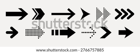 Set of black arrows in various styles, including dotted and striped designs. Arrows pointing right, featuring bold and geometric patterns. Arrows for navigation. Element vector set.
