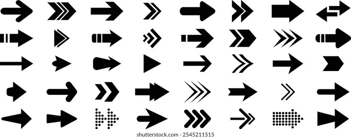 Set black arrows for web design. Arrow icon set. Collection different arrows sign. Set of big black vector arrows. Cursor, Click. Arrow icon pack.