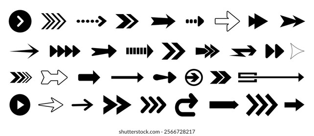 Set black arrows for web design. Arrows vector icon. Arrow icon. Set of big black vector arrows. Cursor, Click. Arrow icon pack