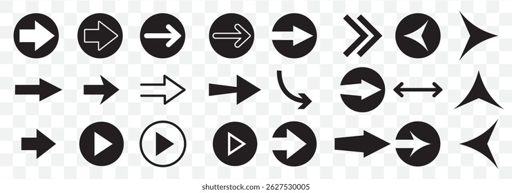 Set black arrows for web design. Arrows vector icon. Arrow icon. Set of big black vector arrows. Cursor, Click. Arrow icon pack on Transparent Background. EPS 10.