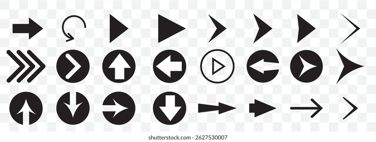 Set black arrows for web design. Arrows vector icon. Arrow icon. Set of big black vector arrows. Cursor, Click. Arrow icon pack on Transparent Background. EPS 10.
