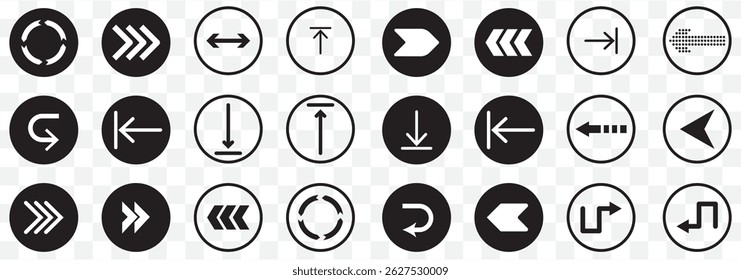 Set black arrows for web design. Arrows vector icon. Arrow icon. Set of big black vector arrows. Cursor, Click. Arrow icon pack on Transparent Background. EPS 10.