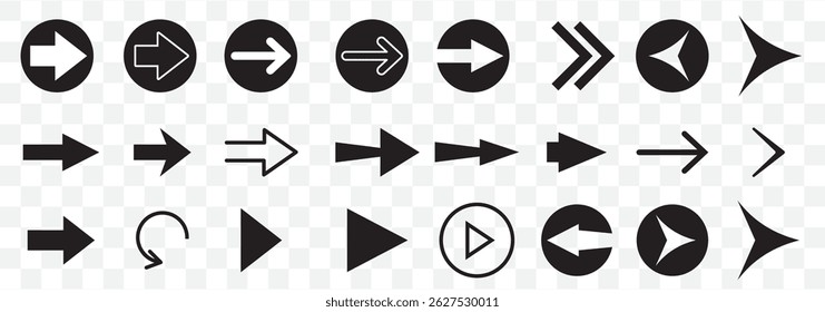 Set black arrows for web design. Arrows vector icon. Arrow icon. Set of big black vector arrows. Cursor, Click. Arrow icon pack on Transparent Background. EPS 10.