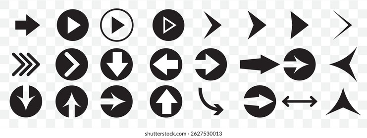 Set black arrows for web design. Arrows vector icon. Arrow icon. Set of big black vector arrows. Cursor, Click. Arrow icon pack on Transparent Background. EPS 10.