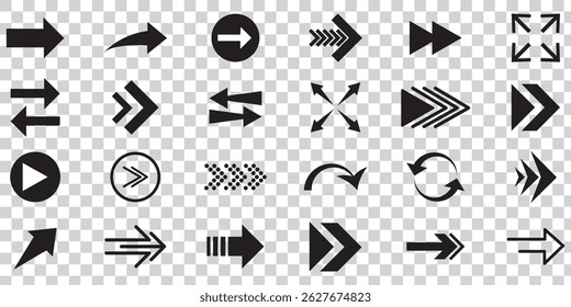 Definir setas pretas para o design da Web. Ícone de vetor de setas. Ícone de seta. Conjunto de grandes setas vetoriais pretas. Cursor, Clique Em. Ícone de seta pack.