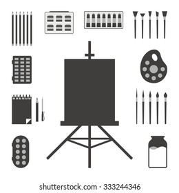 set of black art things. concept of instrument, paintings, subjects, acrylic, creativity supplies, felt pen, sketching. isolated on white background. flat style trend modern design vector illustration
