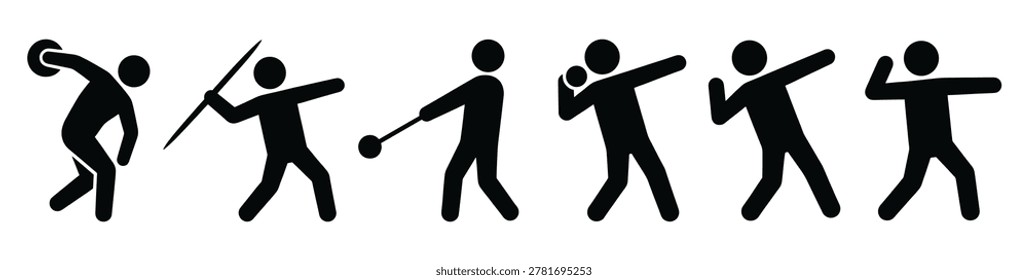 Set of black athletic throwing event icons showing athletes in dynamic poses for discus, javelin, hammer throw, and shot put in a simple minimalist pictogram style