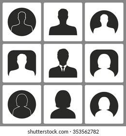  Set of black avatar  icons on white background for graphic design and Internet sites. Vector illustration. 