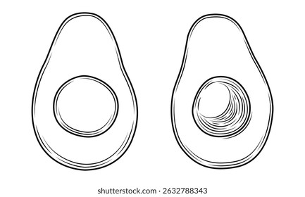 Conjunto de rodajas de aguacate negro con estilo grabado en foso aislado sobre fondo blanco. Ilustración dibujada a mano de Vector de frutas tropicales de verano. Dibujo detallado de la comida para la etiqueta, cartel, impresión.