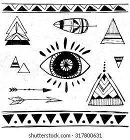 set of black aztec style elements on white background - hand drawn vector illustration
