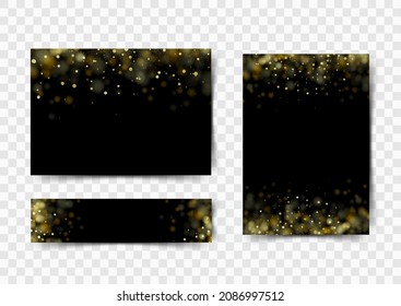 Conjunto de fondos negros con secuencias de oro. Luces de bokeh brillantes y doradas desenfocadas sobre fondo oscuro. Fondo de oro festivo para tarjeta, volante, invitación, cartel, cupón.