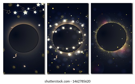 Set of black backgrounds with lights, sparkles, serpentine, confetti, garlands of lanterns. Banners for birthday card, invitations, poster for sales, promotions. Vector.