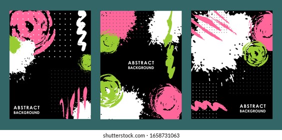 SET OF BLACK BACKGROUNDS WITH MULTICOLORED SPOTS AND STREAKS IN THE VECTOR