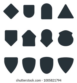 Set of black badge shape. Trophy and reward, competition and victory, success and achievement. Flat vector cartoon illustration. Objects isolated on white background.