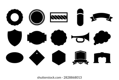 A set of black badge silhouettes, including shields, ribbons, and decorative emblems, presented as a vector graphic with a distinctive silhouette style.