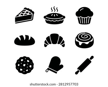 Set of black bakery icons featuring fresh bread pastry pie cupcake and kitchen baking tools