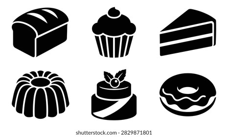 Set of black bakery icons featuring bread loaf muffin cake slice bundt cake and glazed donut