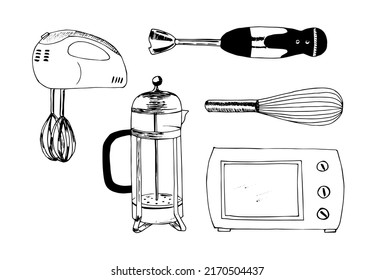 Set of black bakery tools isolated on a white background. Collection of ellements for your design. Hand drawn vector illustration including mixer, whisk, teapot, microwave oven