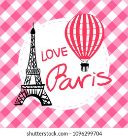 Set black Balloon and hand draw Paris Eiffel Tower isolated on the checkered pink vichy texture