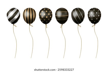 A set of black balloons with different patterns for holidays, parties, sales