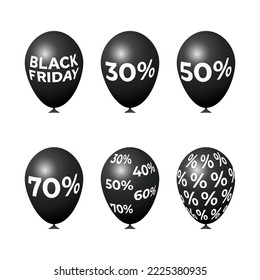 A set of black balloons with the inscription black Friday and percentage discounts.