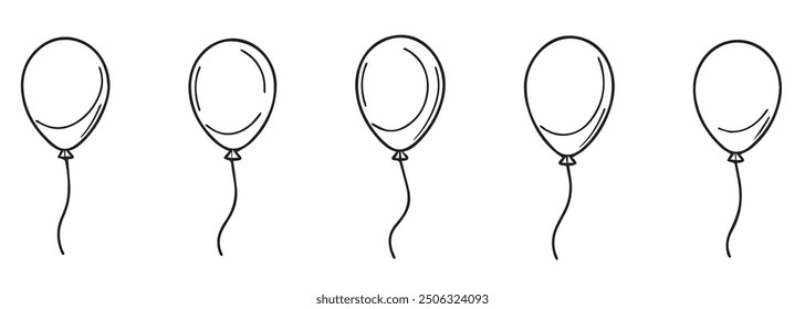 Conjunto de globos negros contorno sobre fondo blanco, Ilustración vectorial aislada