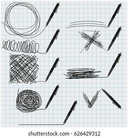Set of black ballpoint pens with lines and scribbles
