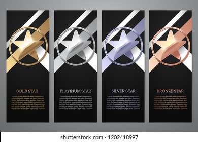 Set of black banners, Gold, platinum,silver and bronze star, Vector illustration
