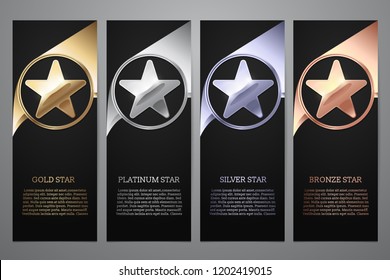 Set Of Black Banners, Gold, Platinum,silver And Bronze Star, Vector Illustration