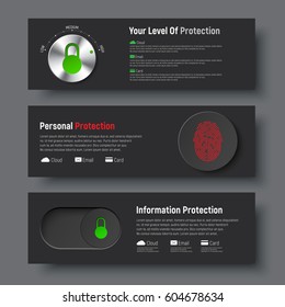 set of black banners to protect information. Horizontal templates with sliders with a lock, a button with a fingerprint and a level control. Vector illustration
