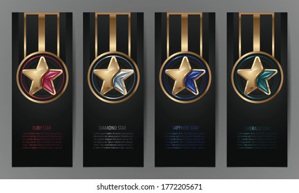 Set of black banners, Ruby,Diamond,sapphire,emerald star, Vector illustration