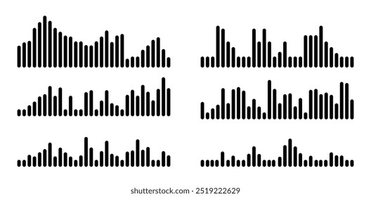 A set of black bar graph-style soundwave icons, resembling audio equalizer displays, perfect for music, media, and sound design projects.